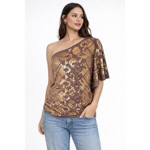 One Shoulder Sequin Brown Gold Geometric Party Cocktail Top Size S